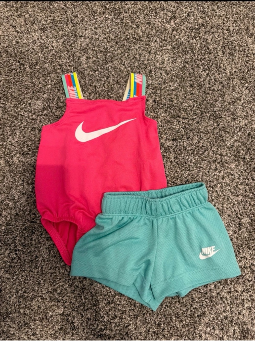 Nike Baby Girl 2pc Set Pink Romper Teal Shorts 3-6M